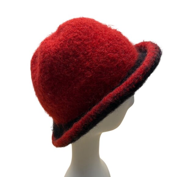Vintage Handmade Susan Salomon Wool Red & Black Felted Hat Button Bay Fiber Arts - Picture 1 of 8